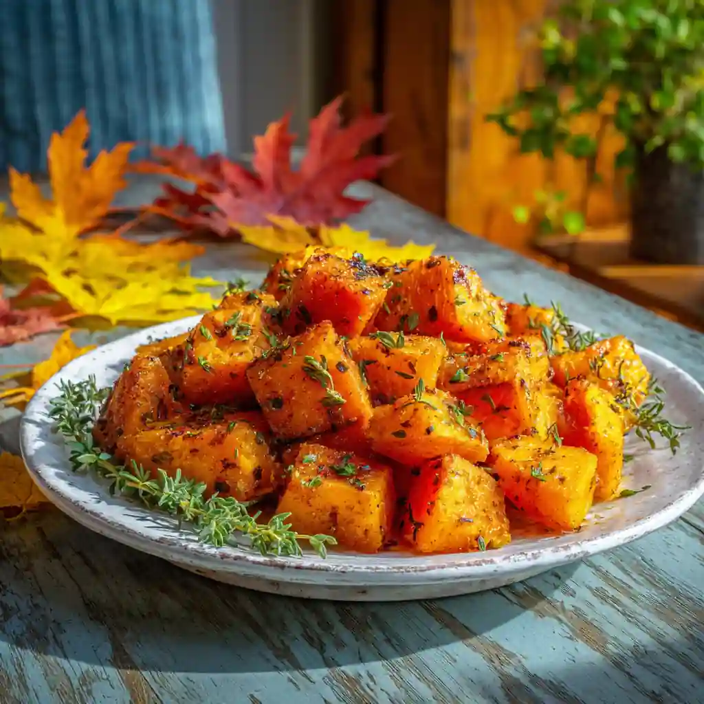 roasted butternut squash with cinnamon on a fall plate