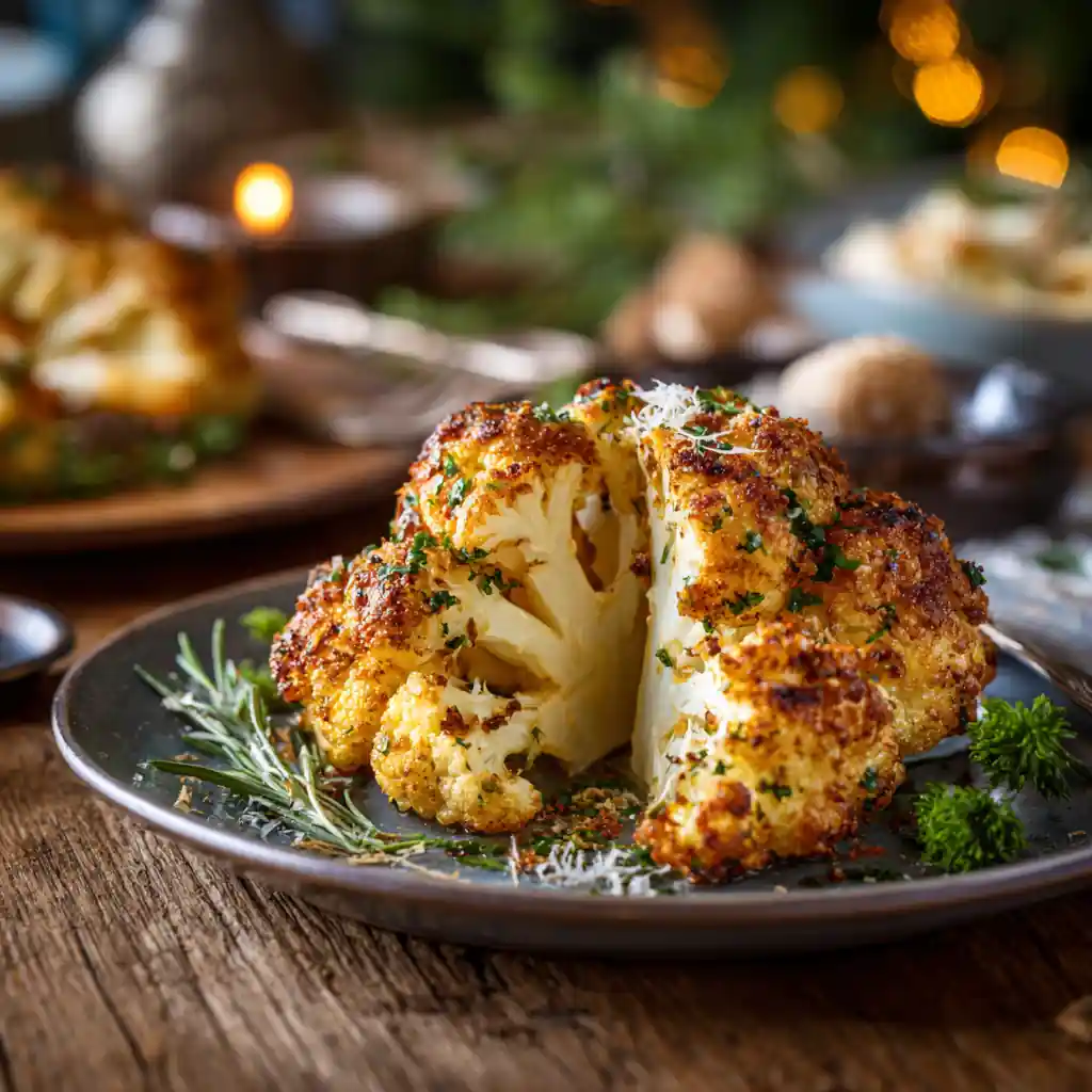 Roasted cauliflower with parmesan side dish on rustic holiday table