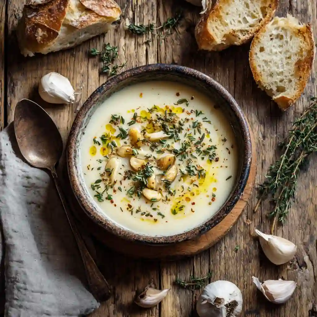 Roasted Garlic & Herb Potato Soup in rustic bowl with herbs