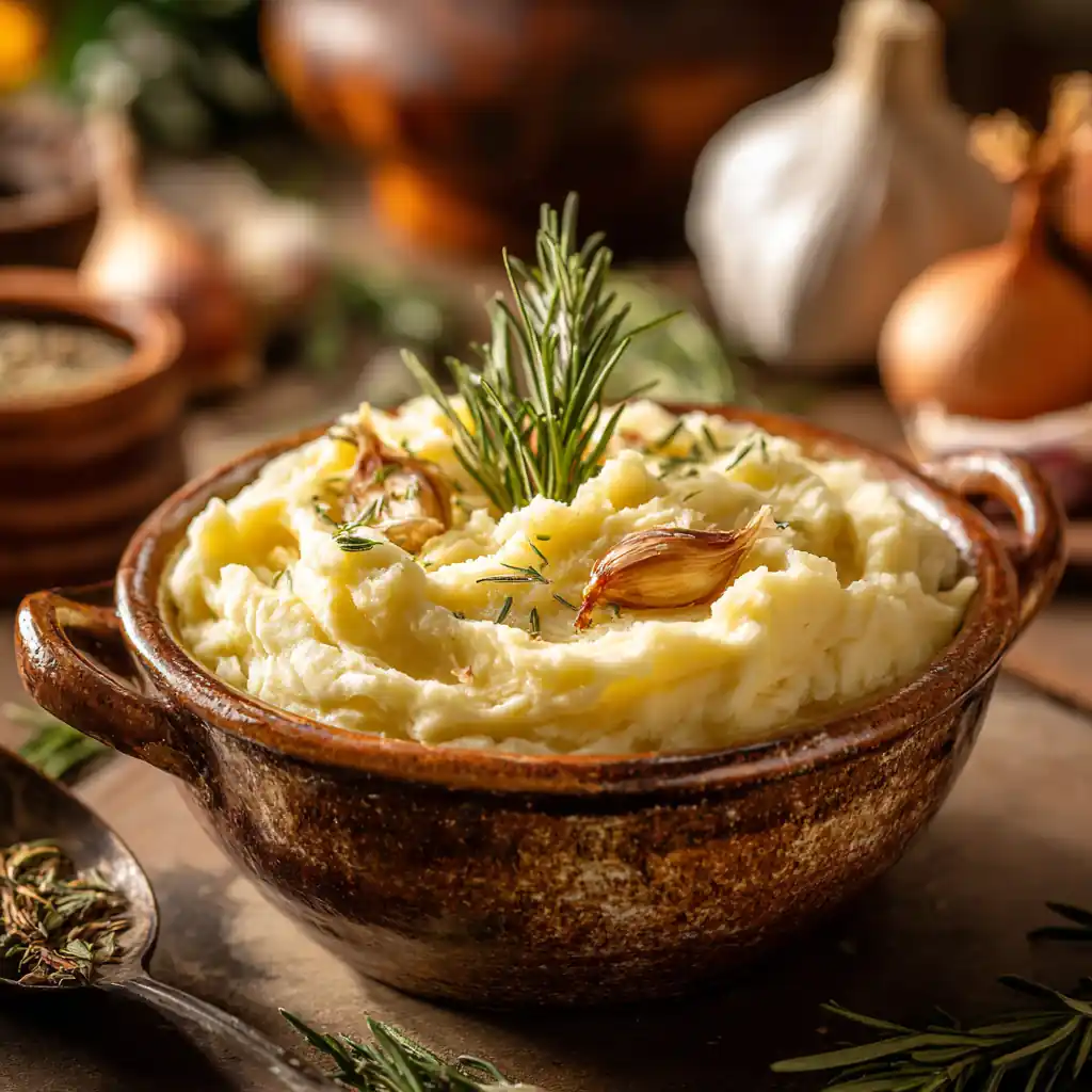 Rosemary garlic mashed potatoes in a bowl with fresh rosemary and roasted garlic