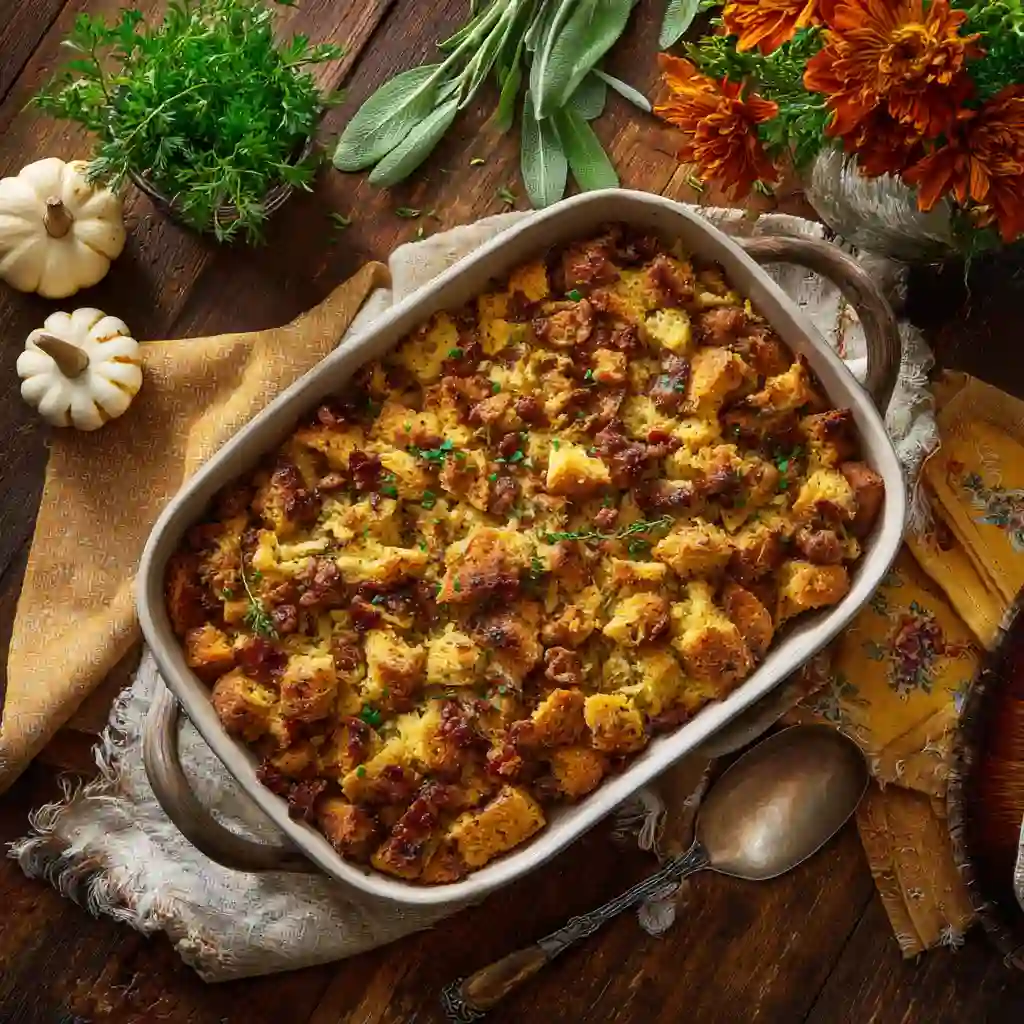 Sausage & Bacon Thanksgiving Stuffing in a casserole dish