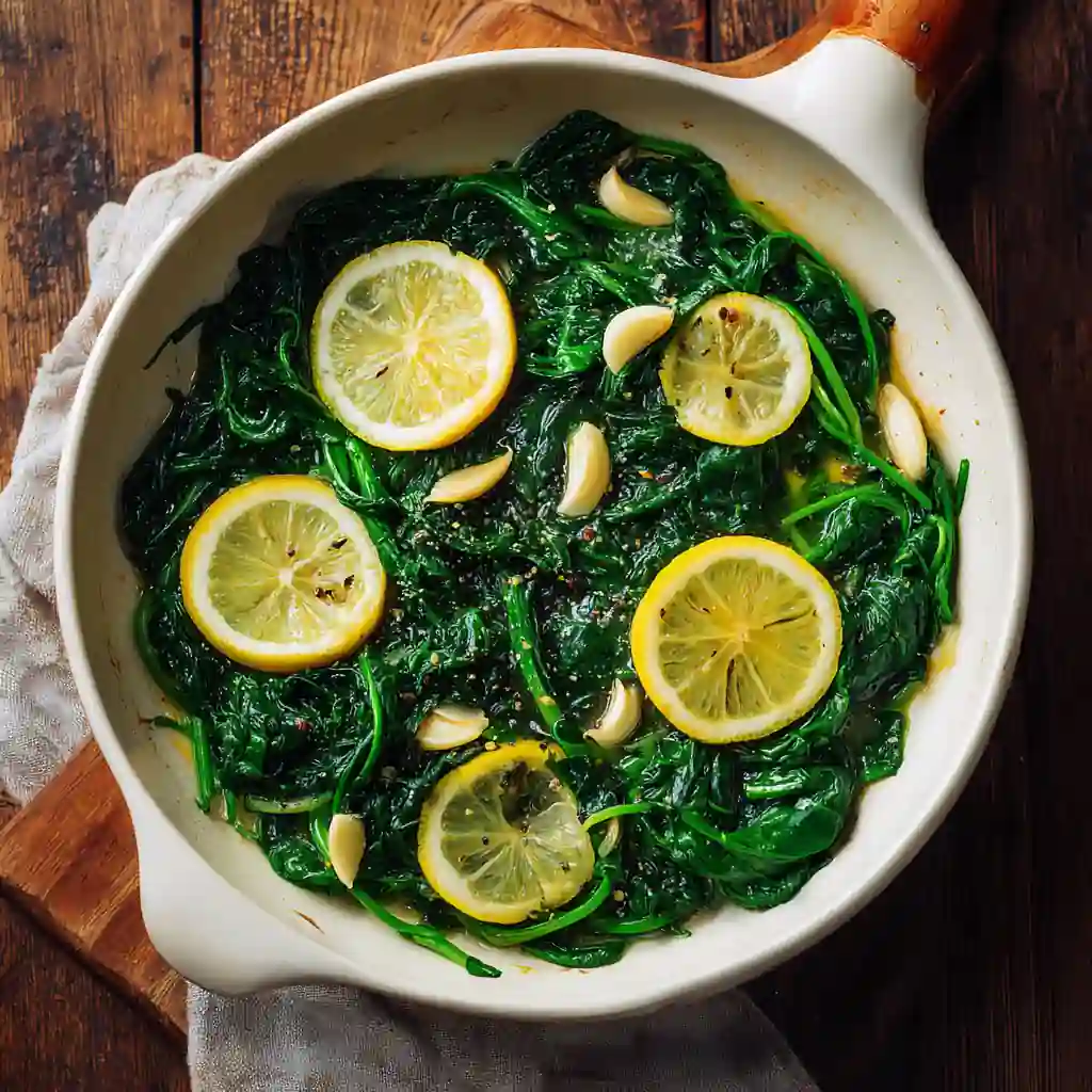 Sautéed Spinach with Garlic and Lemon: The Quick Side That Steals the Show 1 Sautéed spinach with garlic and lemon served in a skillet