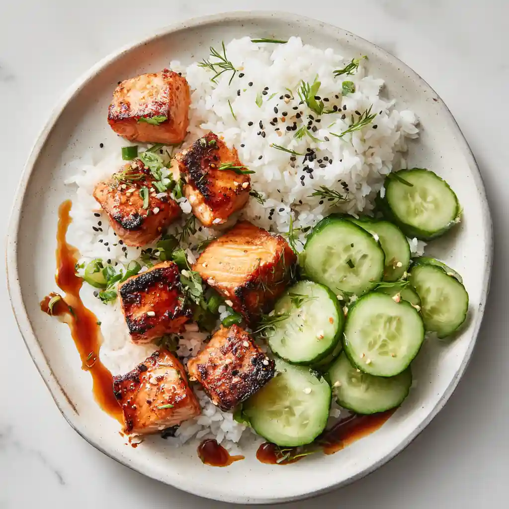 Plated air fryer salmon bites with sides