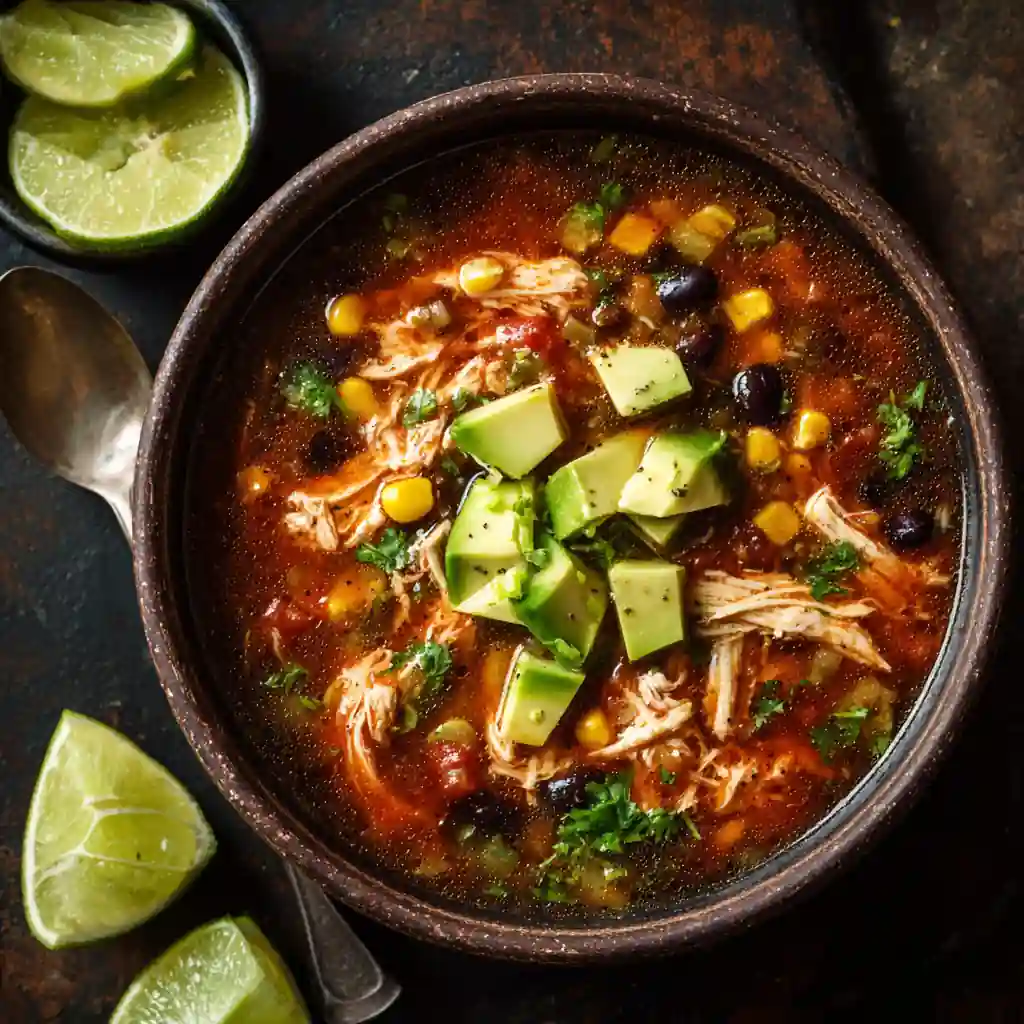 Spicy chipotle chicken soup in bowl with toppings