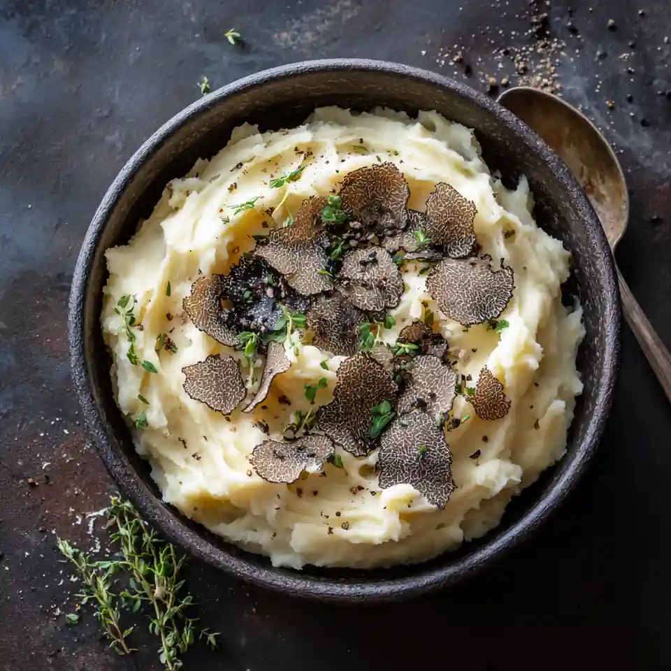 Truffle mashed potatoes with herbs in a rustic bowl, gourmet Thanksgiving side