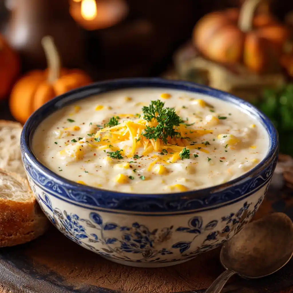 white cheddar and corn chowder with rustic bread