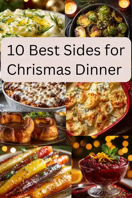 Festive Christmas dinner table filled with the 10 best side dishes, including mashed potatoes, stuffing, and roasted vegetables