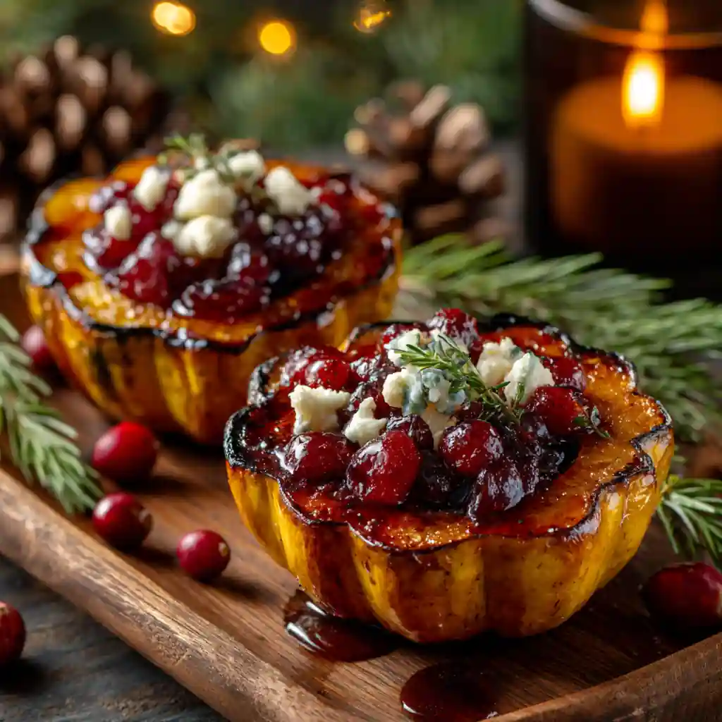 Honey-Glazed Acorn Squash with Goat Cheese and Cranberry Drizzle