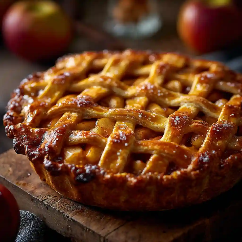 Apple pie with lattice crust cooling on a wooden table