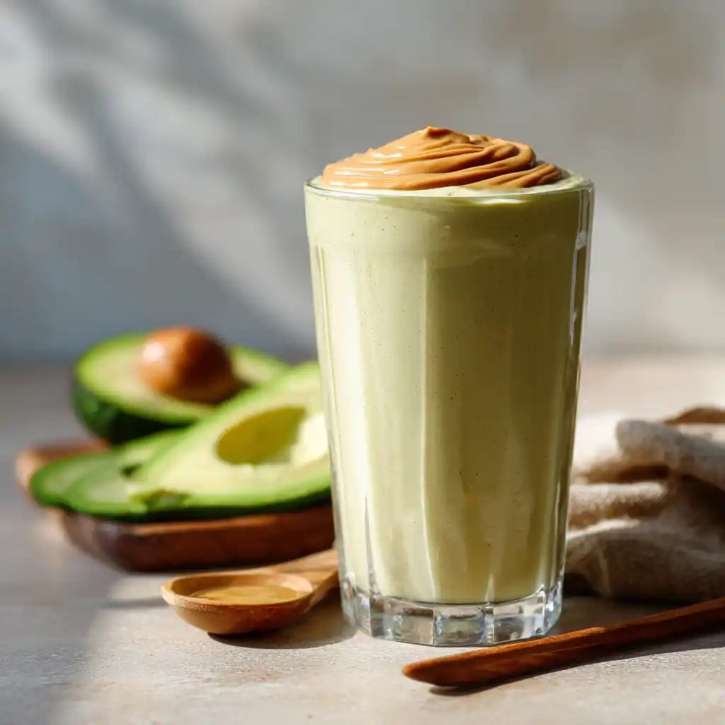Avocado Peanut Butter Smoothie in a clear glass