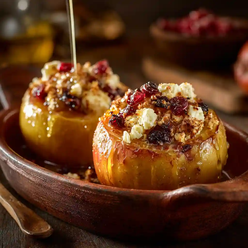 Baked apples stuffed with feta, cranberries, and honey on a rustic baking dish