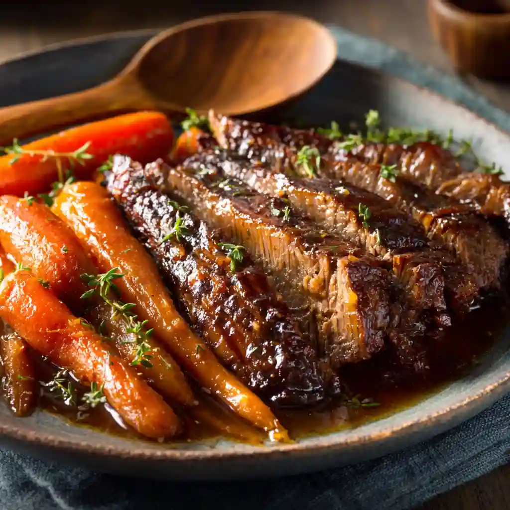 Crockpot Balsamic Roast with Carrots served on a plate with balsamic glaze