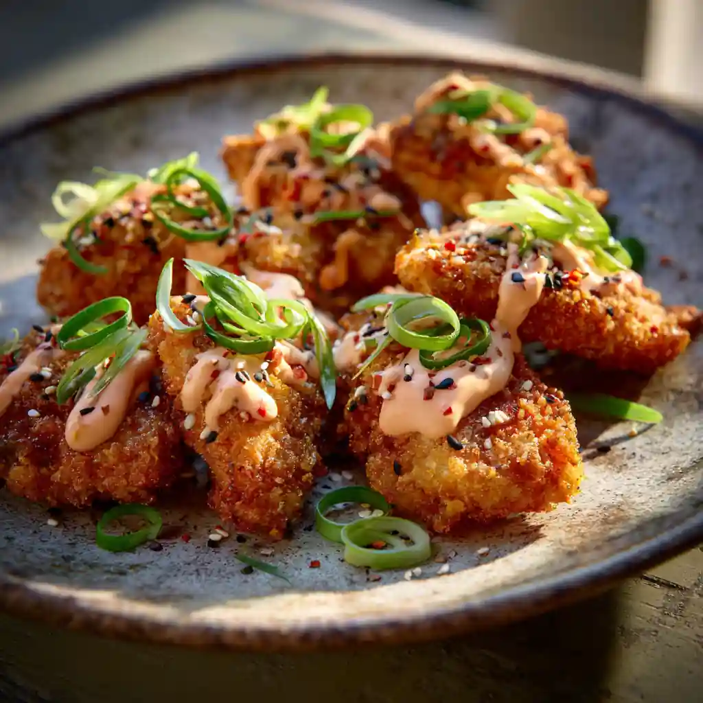 Close-up of Crispy Bang Bang Chicken drizzled with sweet chili mayo sauce