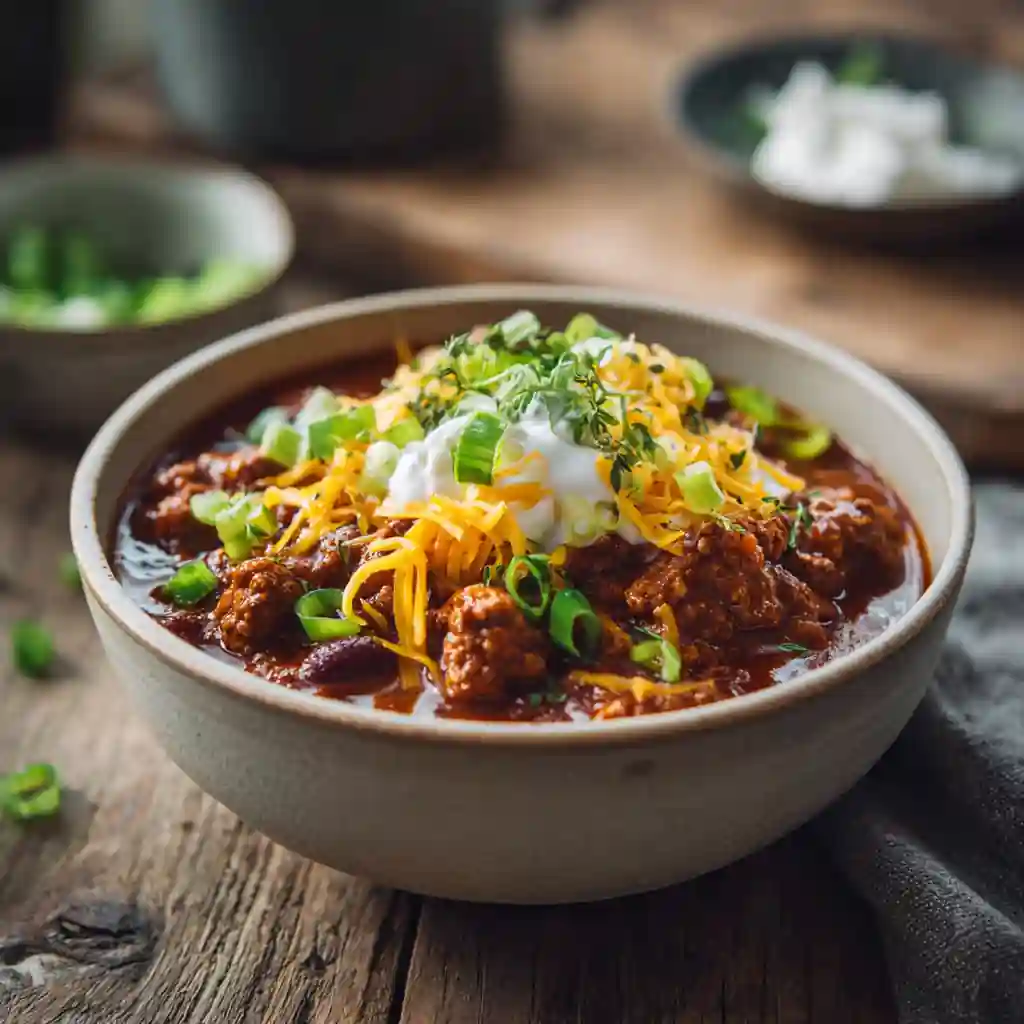 A steaming bowl of the Best Beef Chili with classic toppings and cornbread on the side