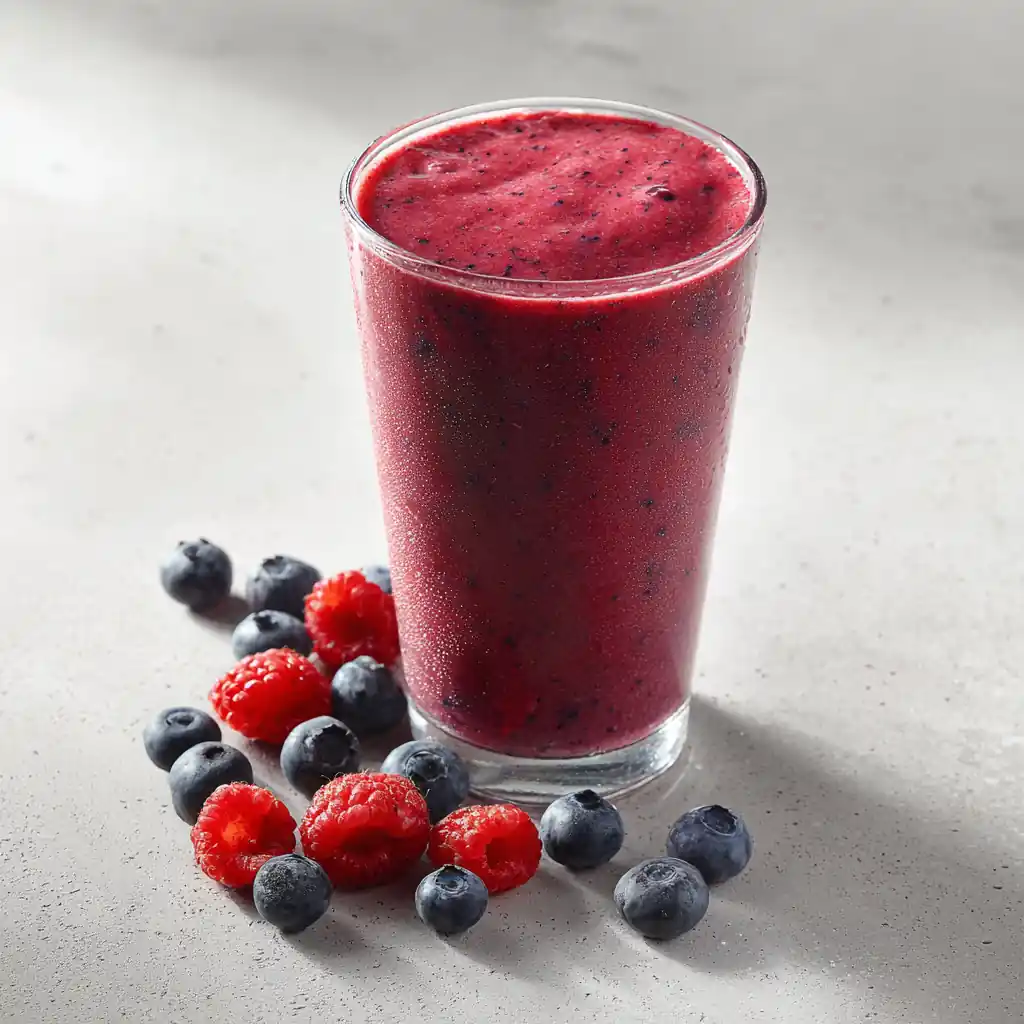 High-protein berry smoothie made with Greek yogurt, mixed berries, chia seeds, and protein powder.