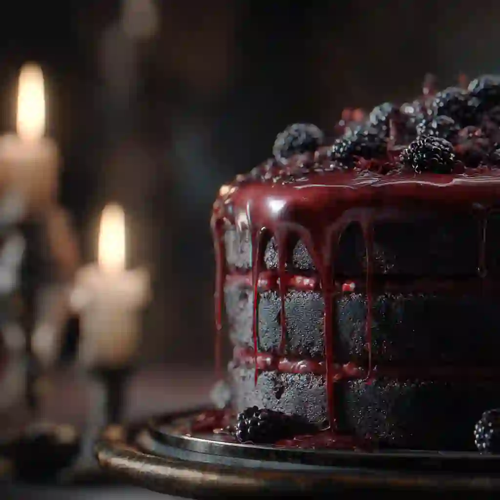 Decadent Blackberry Velvet Gothic Cake with blackberries and dark frosting