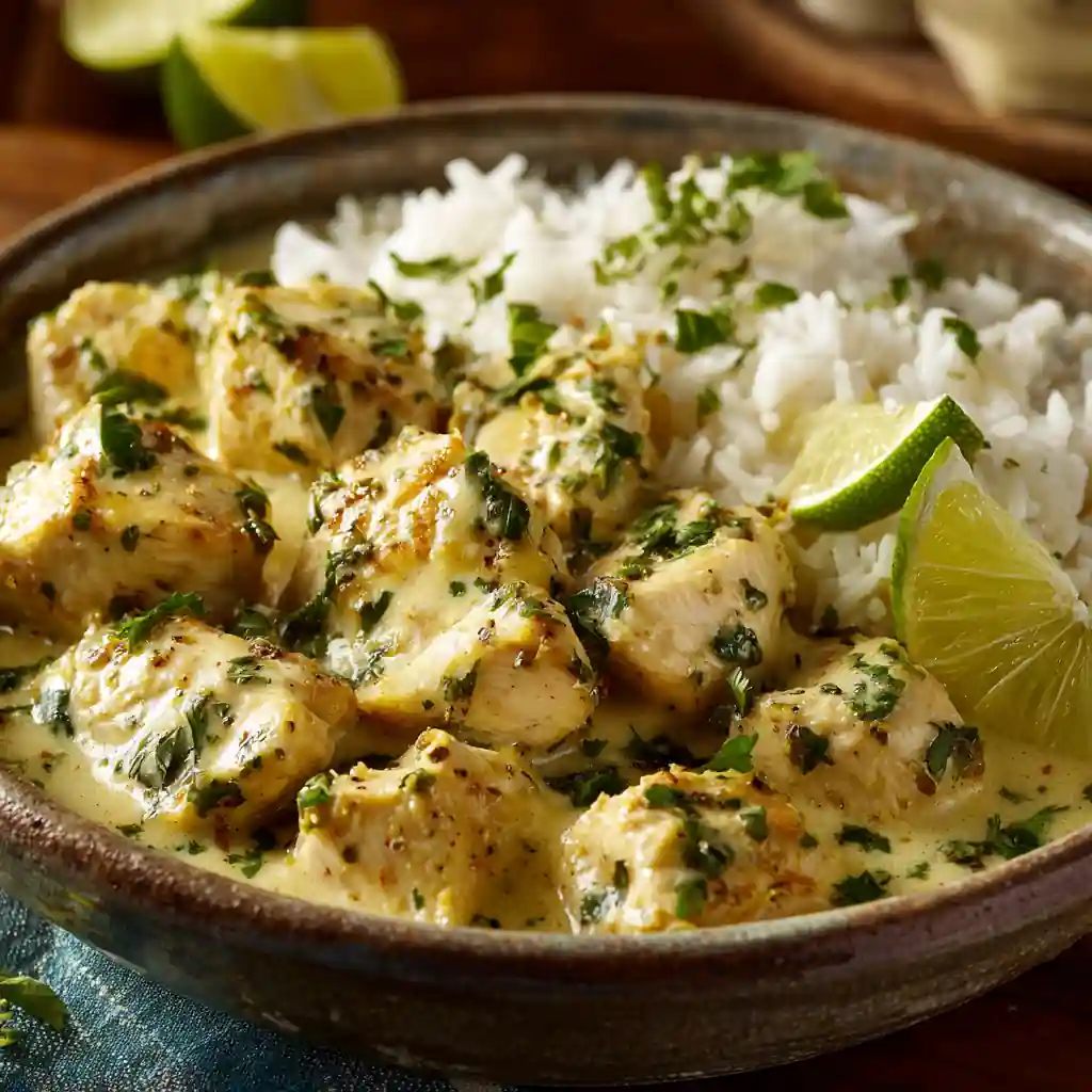 Creamy Brazilian Coconut Chicken with rice and lime