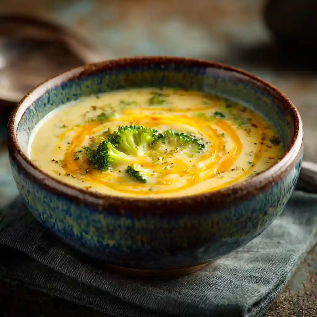 Slow cooker broccoli cheddar soup in a rustic bowl