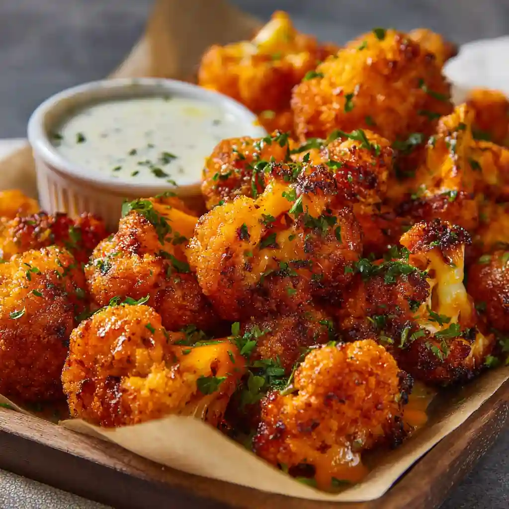 Crispy buffalo cauliflower bites coated in spicy sauce, served with ranch