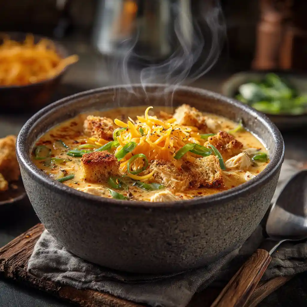 Buffalo Chicken Soup That Packs a Punch 1 Creamy Buffalo Chicken Soup topped with cheese and green onions