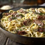 Cajun Steak Alfredo Pasta with creamy garlic sauce and parsley