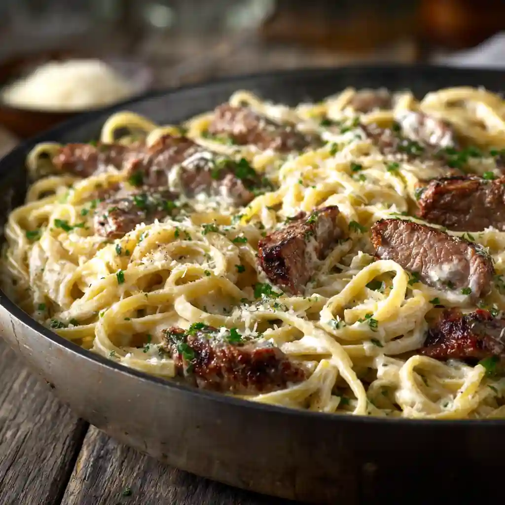 Cajun Steak Alfredo Pasta with creamy garlic sauce and parsley