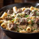 Cajun Steak Tips over Creamy Rigatoni with parsley and Parmesan
