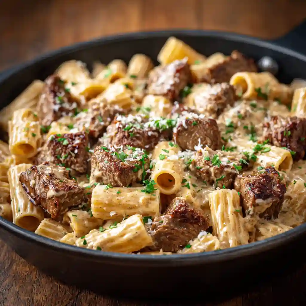Cajun Steak Tips over Creamy Rigatoni with parsley and Parmesan