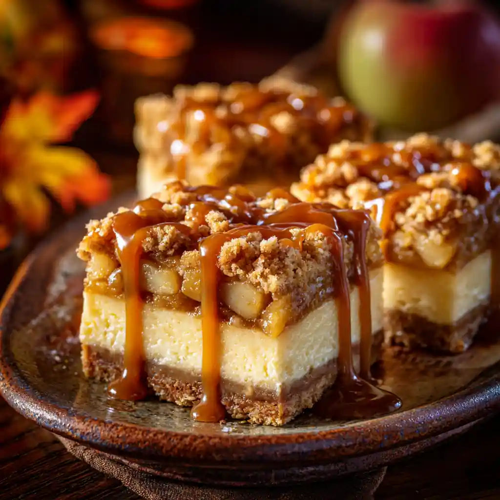 Caramel apple cheesecake bars topped with streusel and caramel drizzle