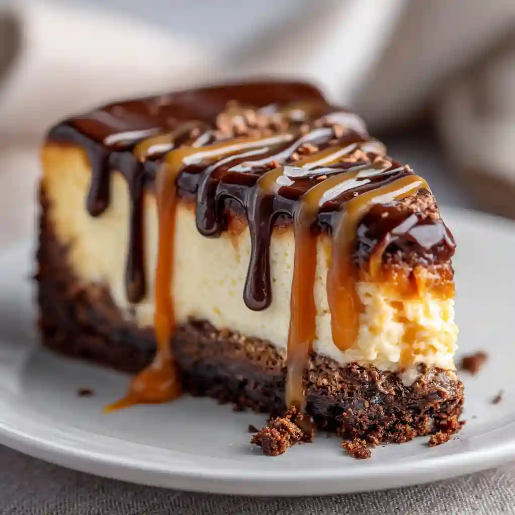 Close-up of Caramel Brownie Cheesecake with chocolate and caramel topping