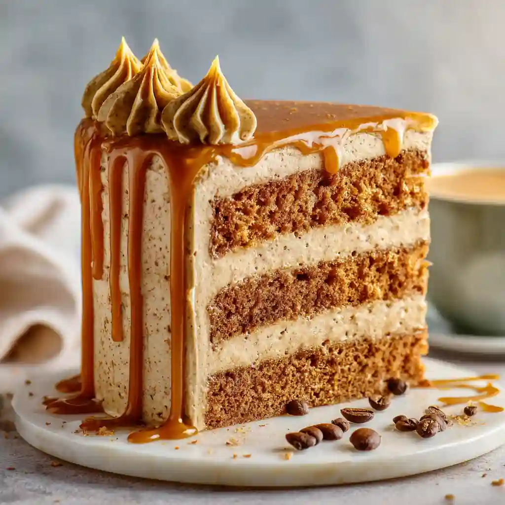 Caramel Coffee Buttercream Cake with caramel drizzle and espresso cup