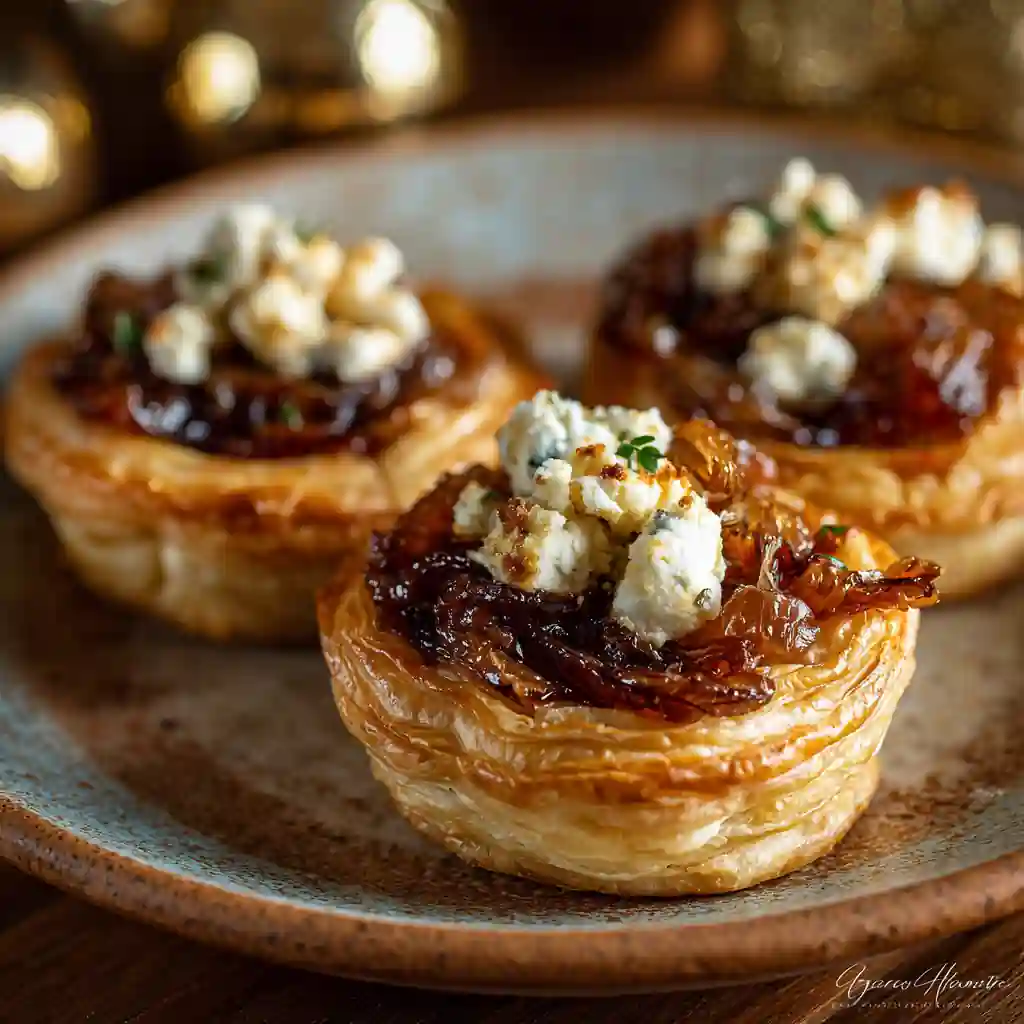 Caramelized Onion and Goat Cheese Tarts on a holiday platter