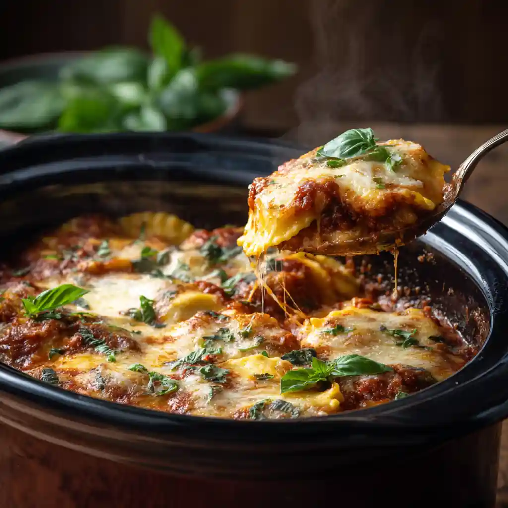 Cheesy Crockpot Ravioli Casserole ready to serve