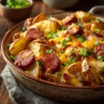 Cheesy Ranch Potatoes and Smoked Sausage Bake in casserole dish