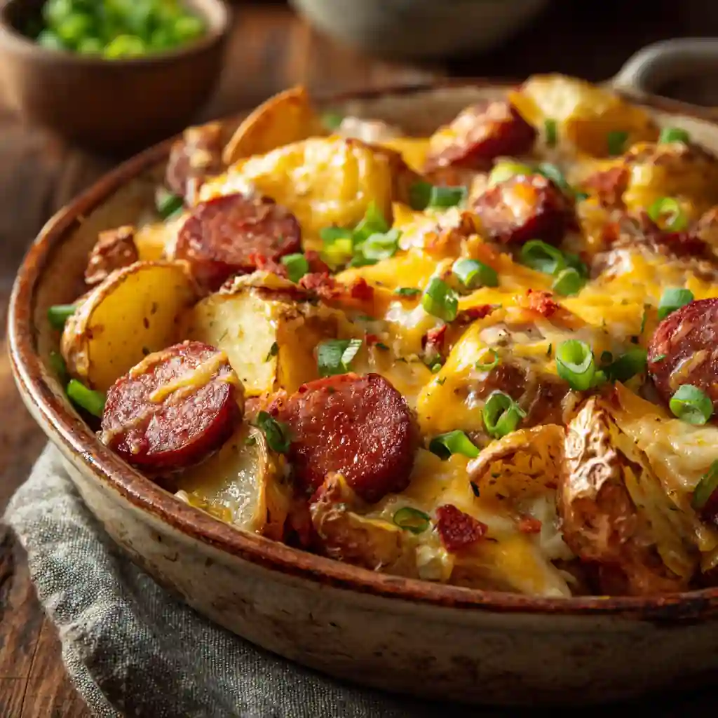 Cheesy Ranch Potatoes and Smoked Sausage Bake in casserole dish