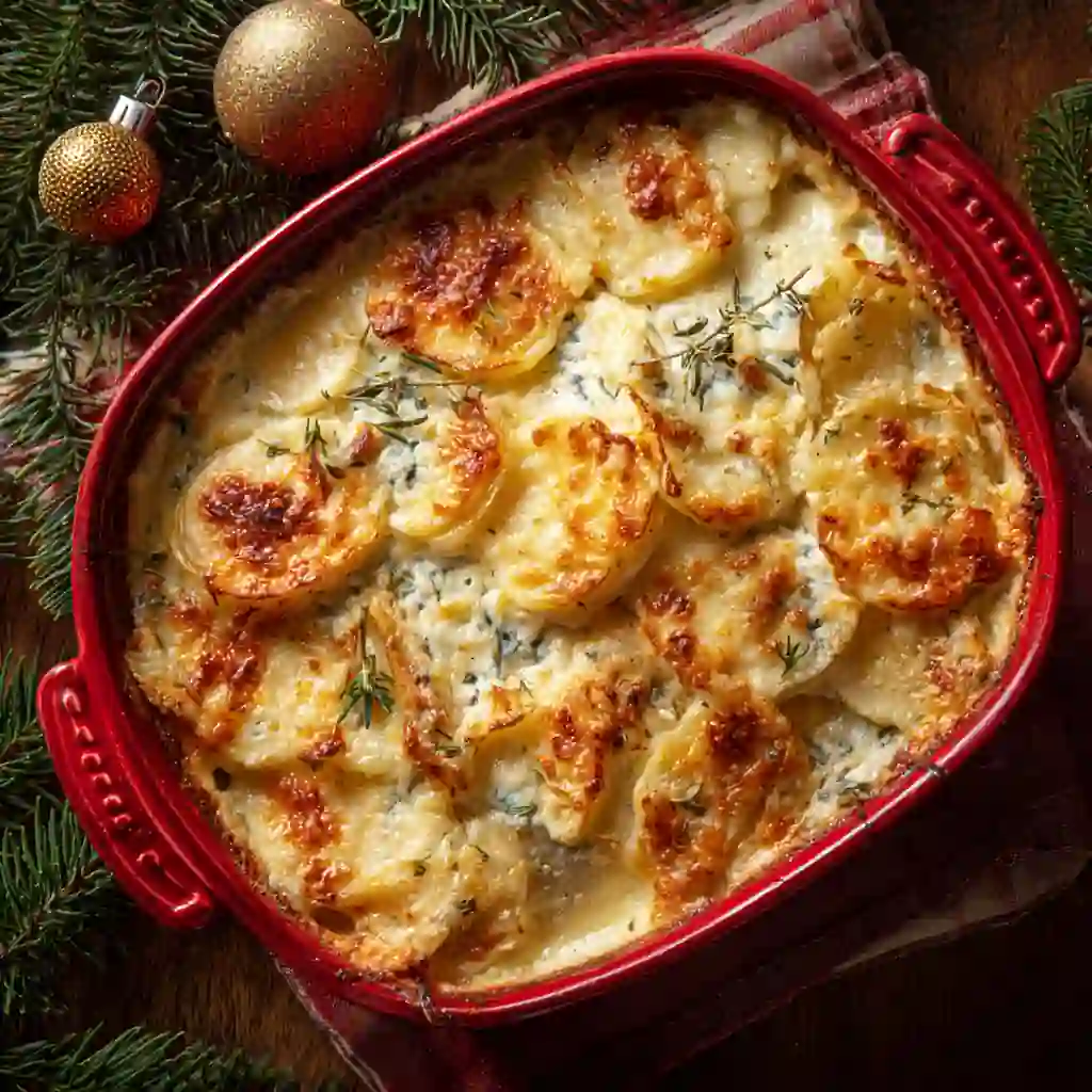 Cheesy scalloped potatoes baked to golden perfection
