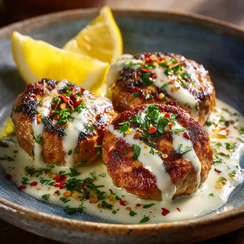 Chicken Kofta with Garlic Yogurt Sauce: Juicy, Spiced & Comforting 2 Juicy Chicken Kofta with creamy garlic yogurt sauce and lemon garnish
