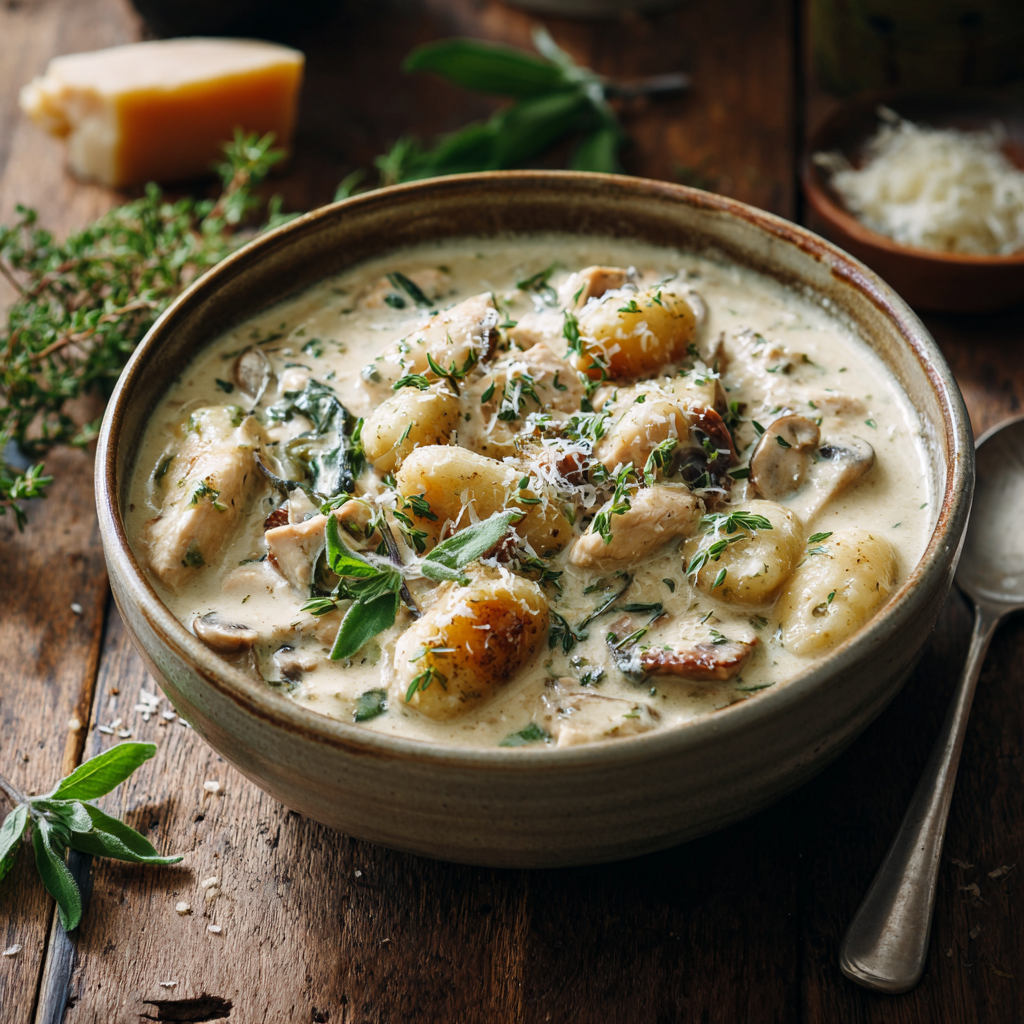 Creamy chicken and mushroom gnocchi soup in a rustic bowl