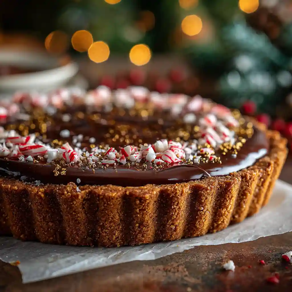 Christmas Chocolate Biscoff Tart (No-Bake Holiday Magic!) 2 Christmas Chocolate Biscoff Tart on holiday table with gold decorations