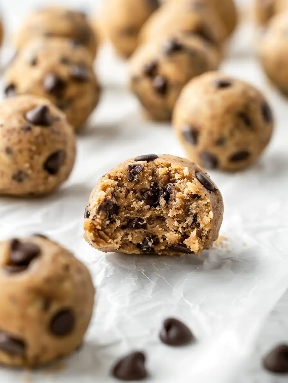 Chocolate Chip Cookie Dough Protein Balls on parchment with visible chocolate chips