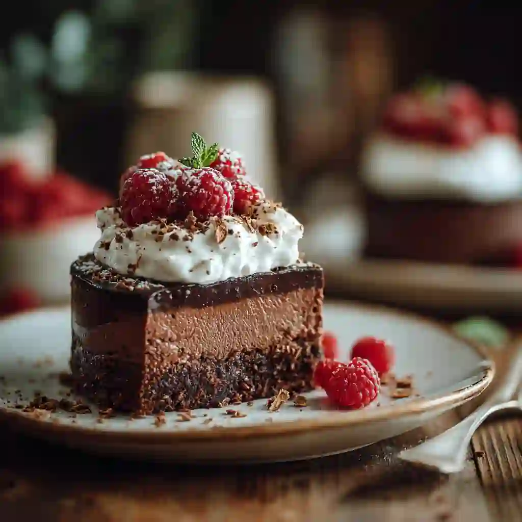 Dark Chocolate Raspberry Mousse Cake topped with raspberries and cream