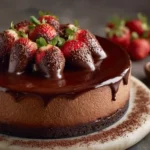 Chocolate covered strawberry cheesecake with ganache and dipped strawberries