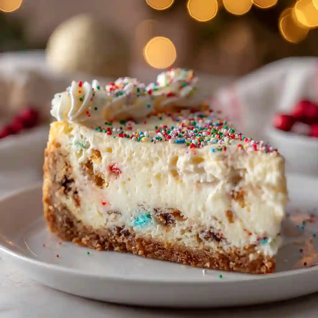Homemade Christmas Cookie Cheesecake topped with crushed cookies