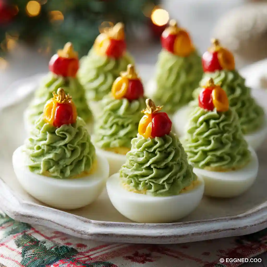 Christmas Tree Deviled Eggs piped with green filling and decorated with pepper ornaments