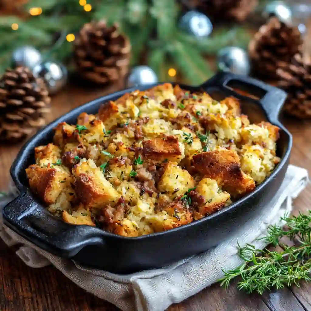 Classic sausage stuffing baked in a rustic casserole dish