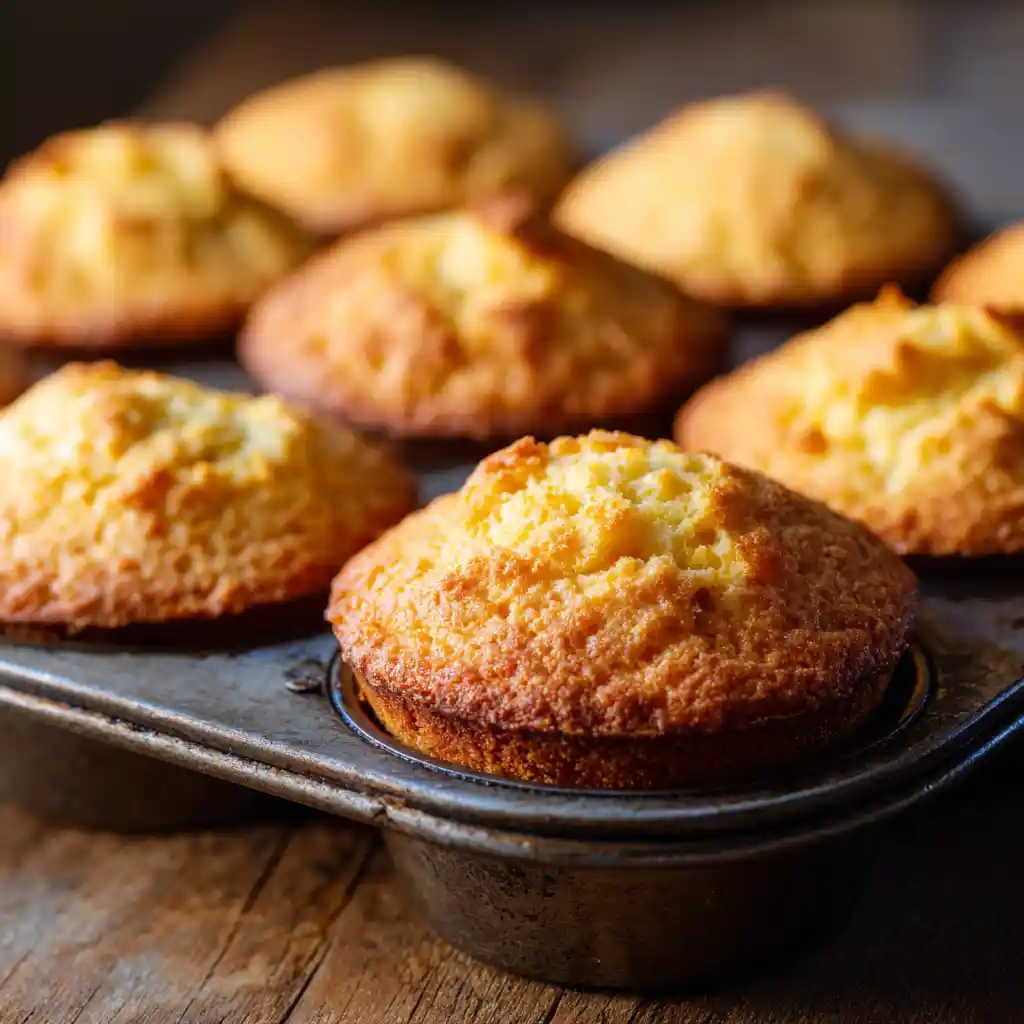Golden cornbread muffins cooling in a rustic pan