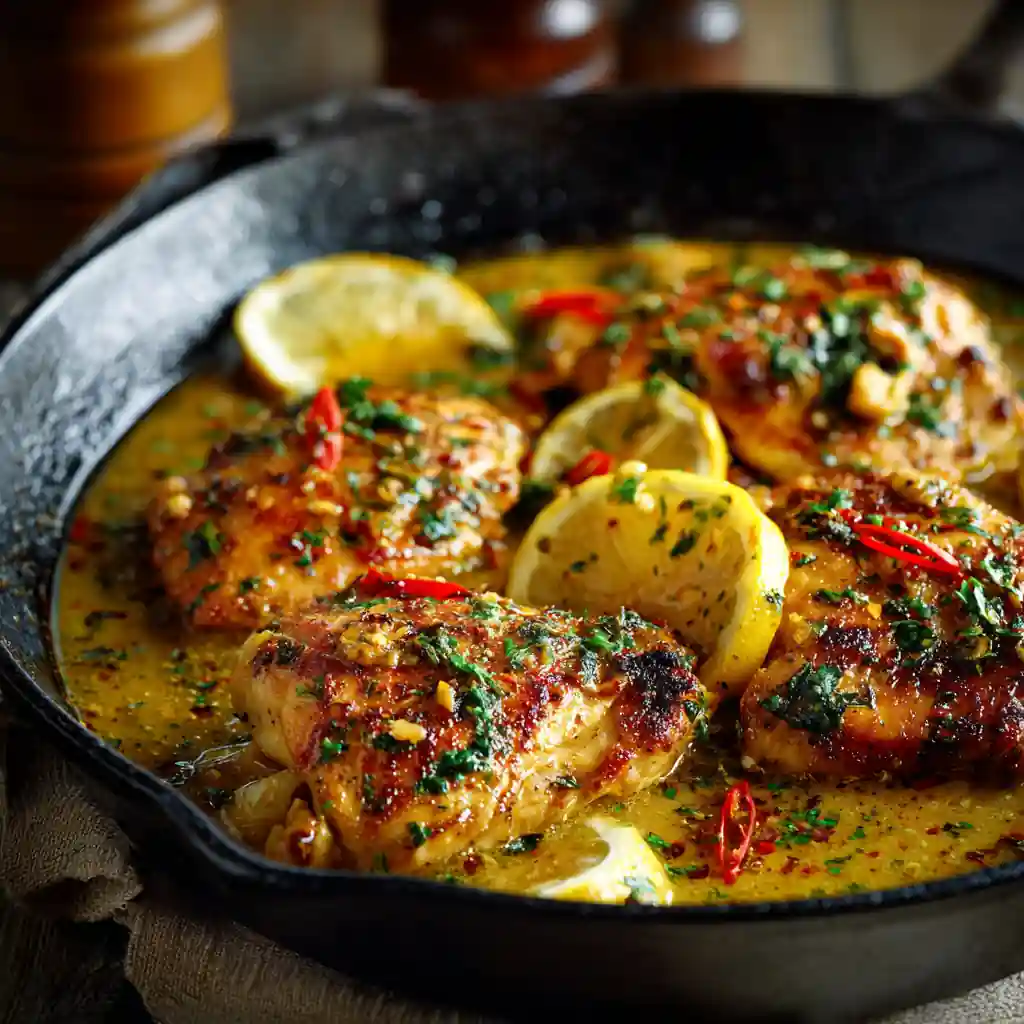 Cowboy Butter Chicken in skillet with garlic butter and lemon