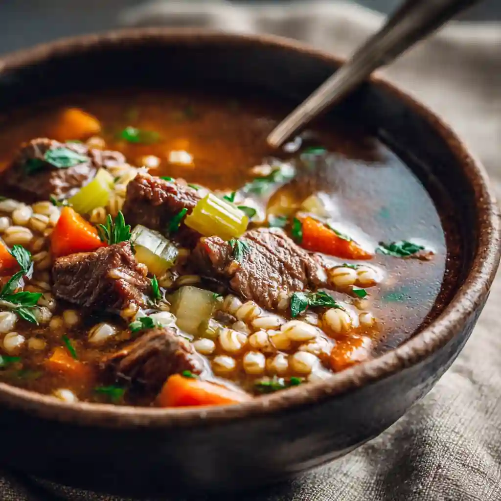 Cozy Slow Cooker Beef & Barley Soup in a rustic bowl with carrots and beef