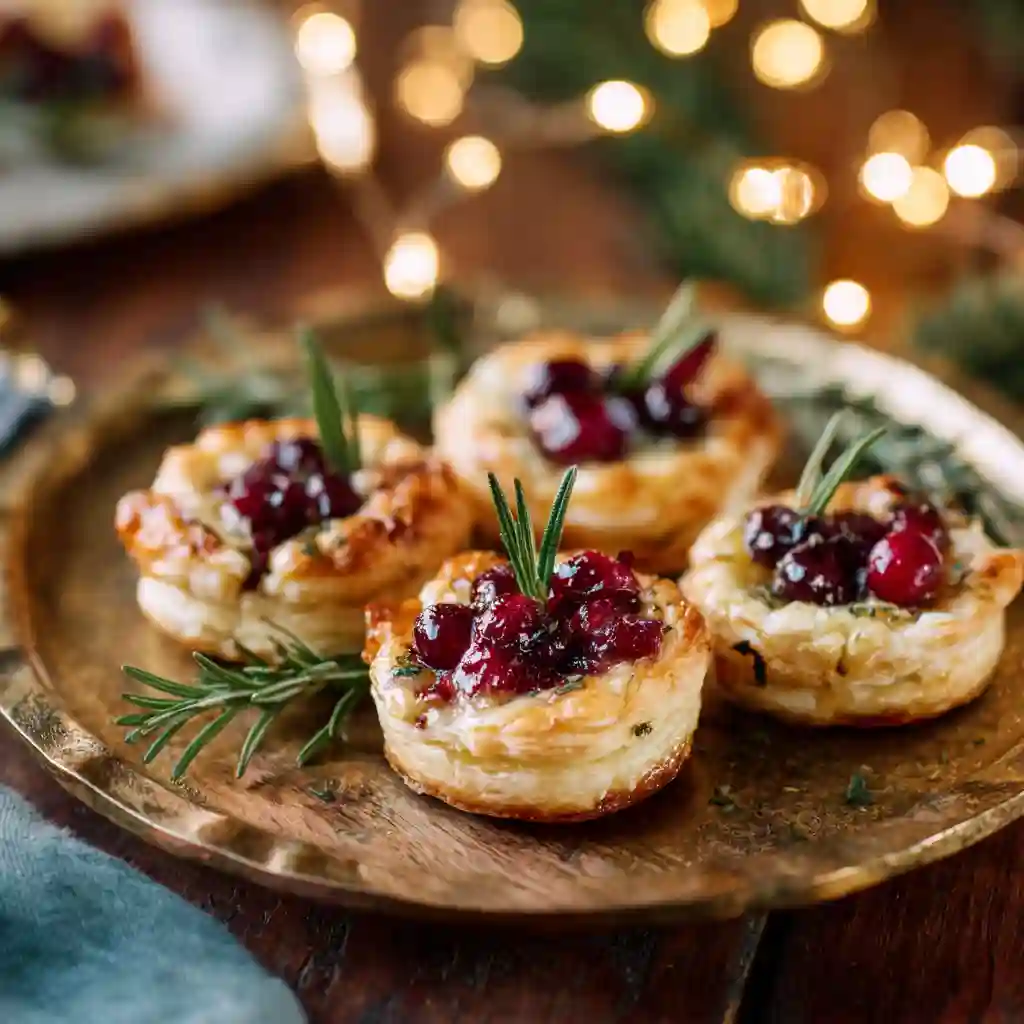Mini cranberry and brie tartlets on a festive holiday tray