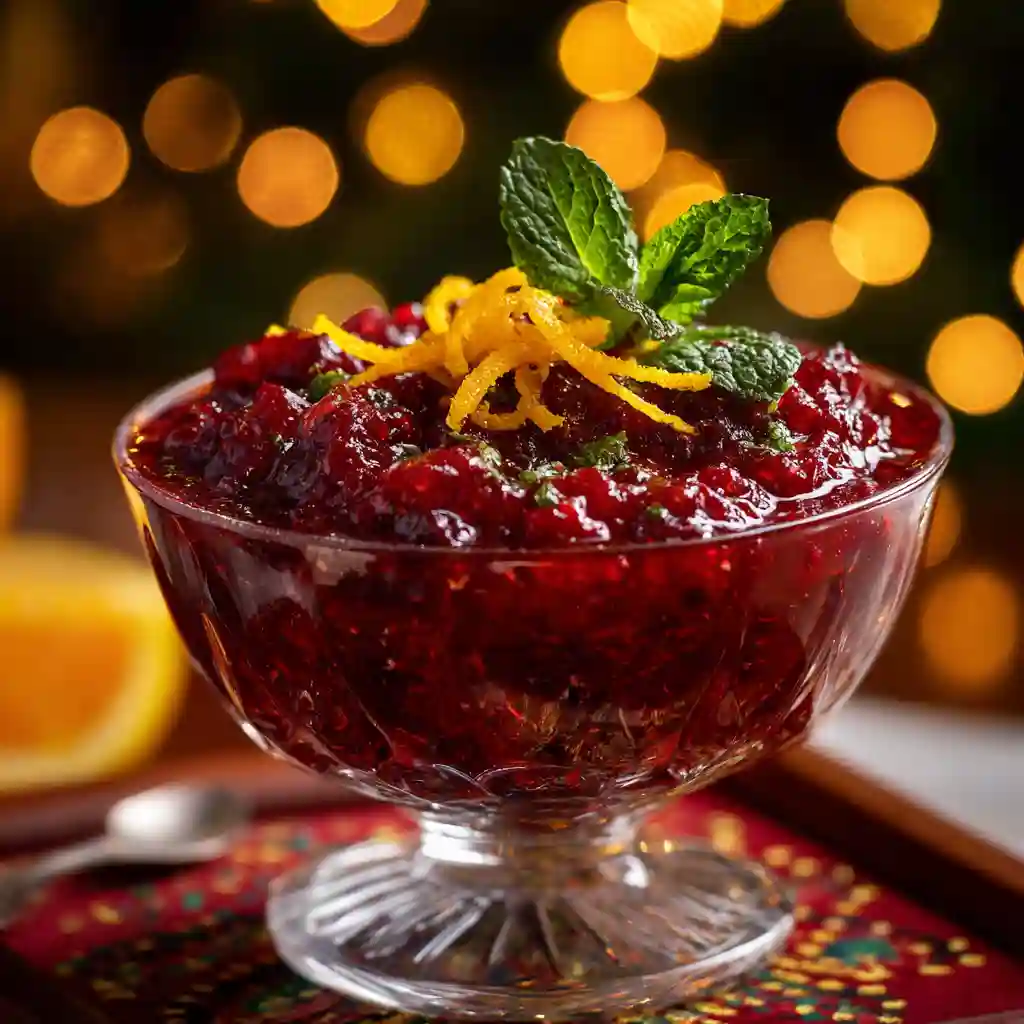 Fresh cranberry orange relish in a festive glass bowl